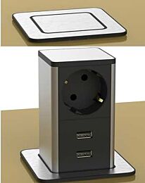 POP UP Inbouwstopcontact met 2 USB laders - Zwart/RVS